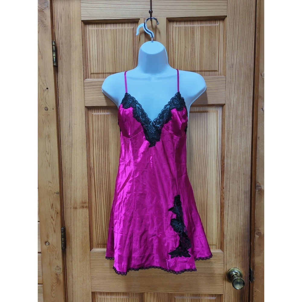 Y2K Sz M Fredericks Of Hollywood Chemise Pink Black Lace Satin Slip Babydoll Vtg